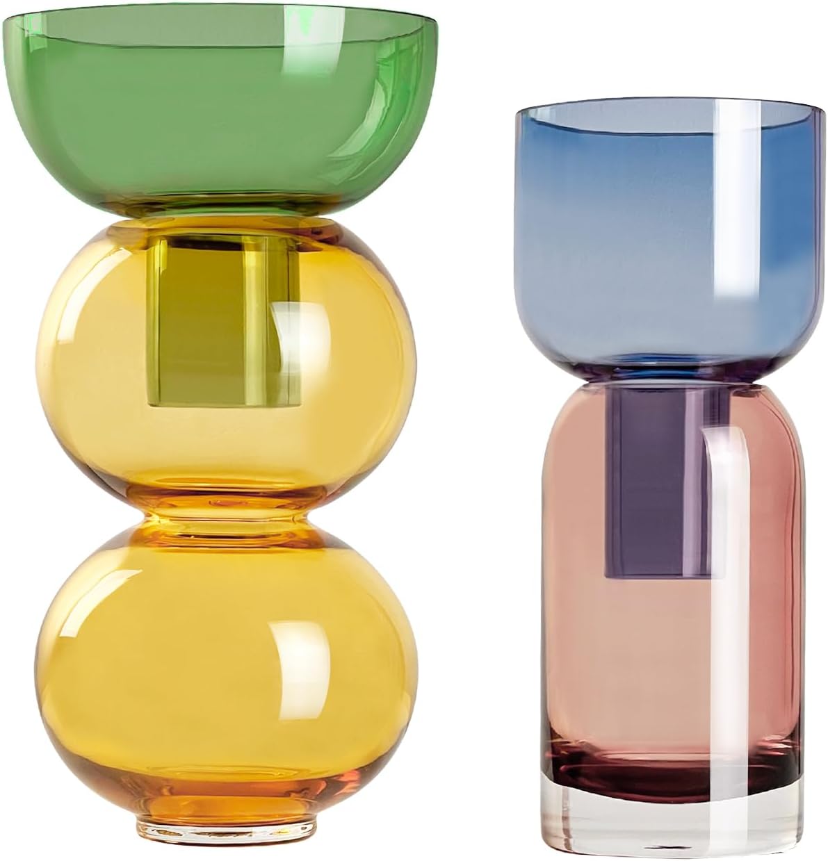 Cloudnola Reversible Glass Flower Vase and Bud Vase Set of 2, Pink & Blue and Green & Yellow, Ideal Gift Set, for Home, Wedding, and Event Décor (Cherry)