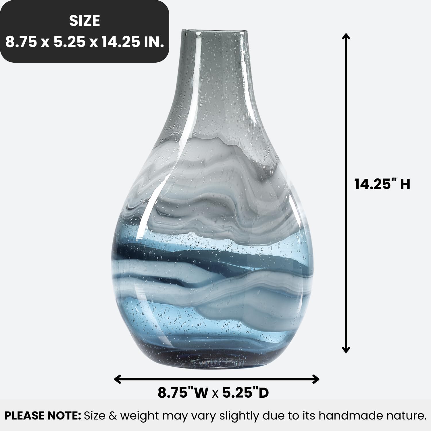 Torre & Tagus Andrea Mouth Blown Glass Vase for Home Decor - 14" Tall Large Blue Glass Vase Table Centerpiece, Handmade Blue Vases for Decor in Coastal Living Room, Entryway, Bedroom