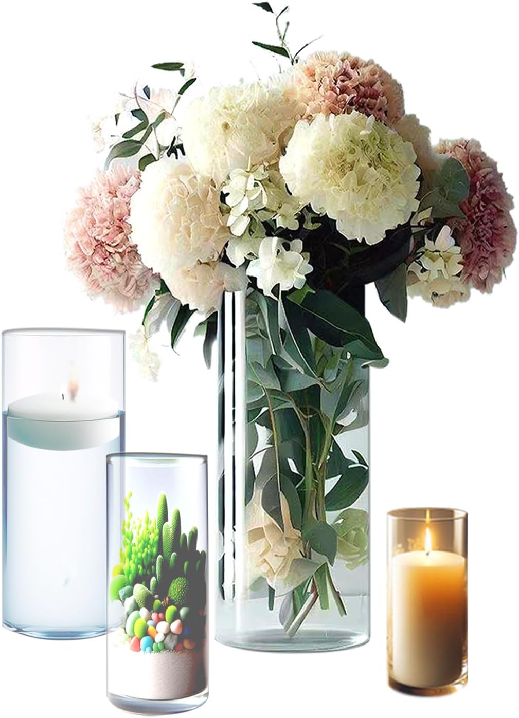 48 Pack Clear Glass Cylinder Vases for Centerpieces - Different Sizes Floating Candle Vases Holder -4", 6", 8",10" Hight Perfect for Weddings and Events