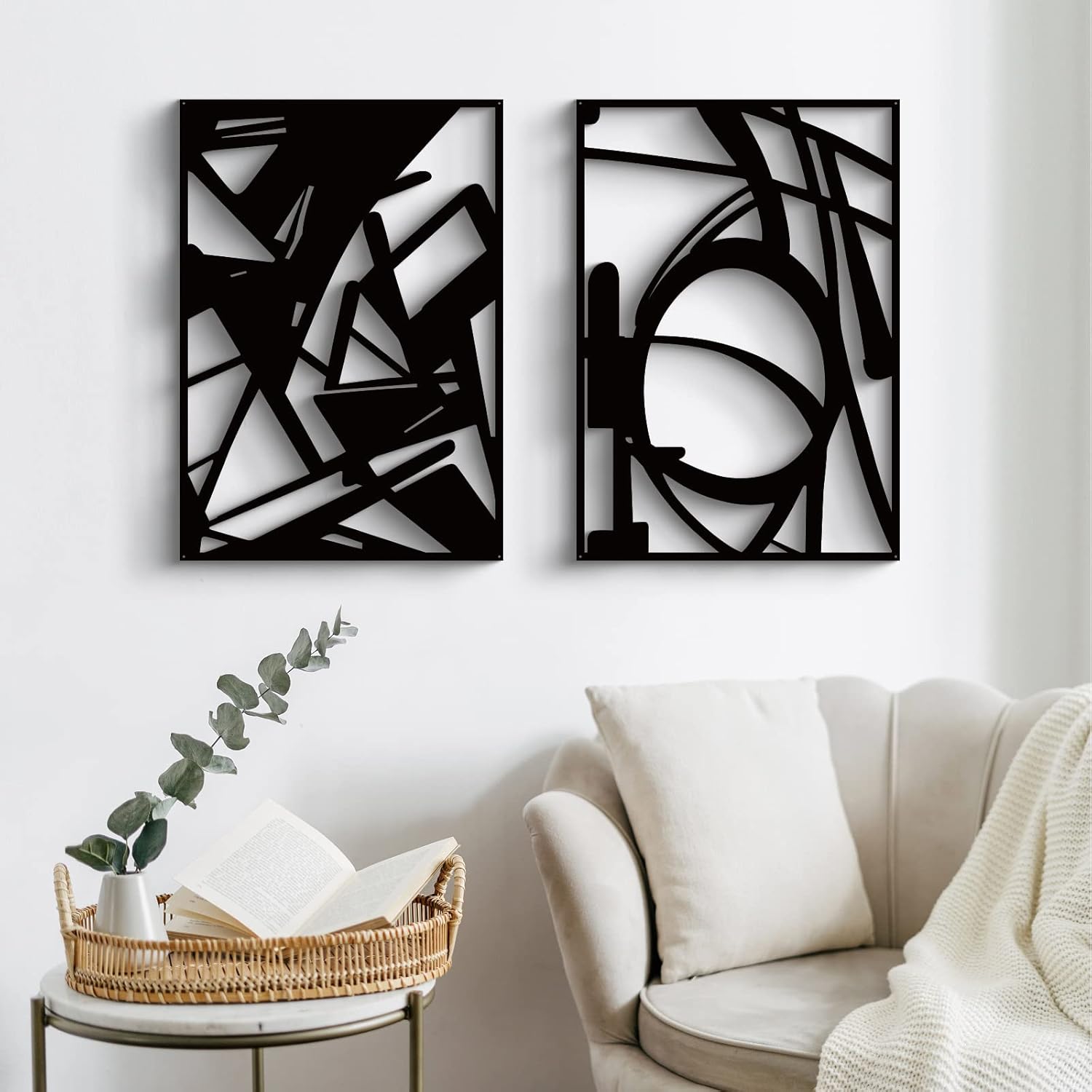 Glamativity 4 Pack Black Abstract Metal Wall Art, Minimalist Décor Single Line Art Wall Décor, 3D Textured Metal Wall Sculptures, for Living Room Bedroom Bathroom Study Room (Black Abstract, M Size 16 x 11'')