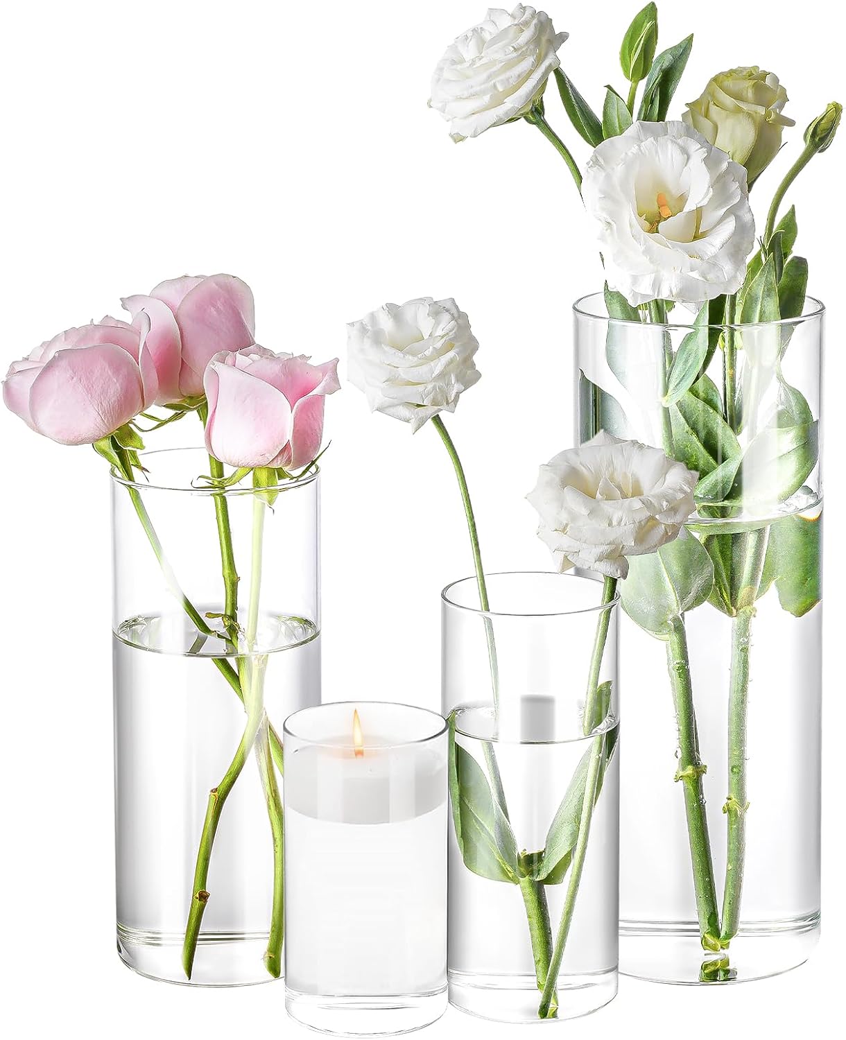 48 Pack Glass Cylinder Vases 4,6,8,10 Inch Tall Clear Flower Vase Hurricane Floating Candle Holder for Table Centerpiece Wedding Home Decor