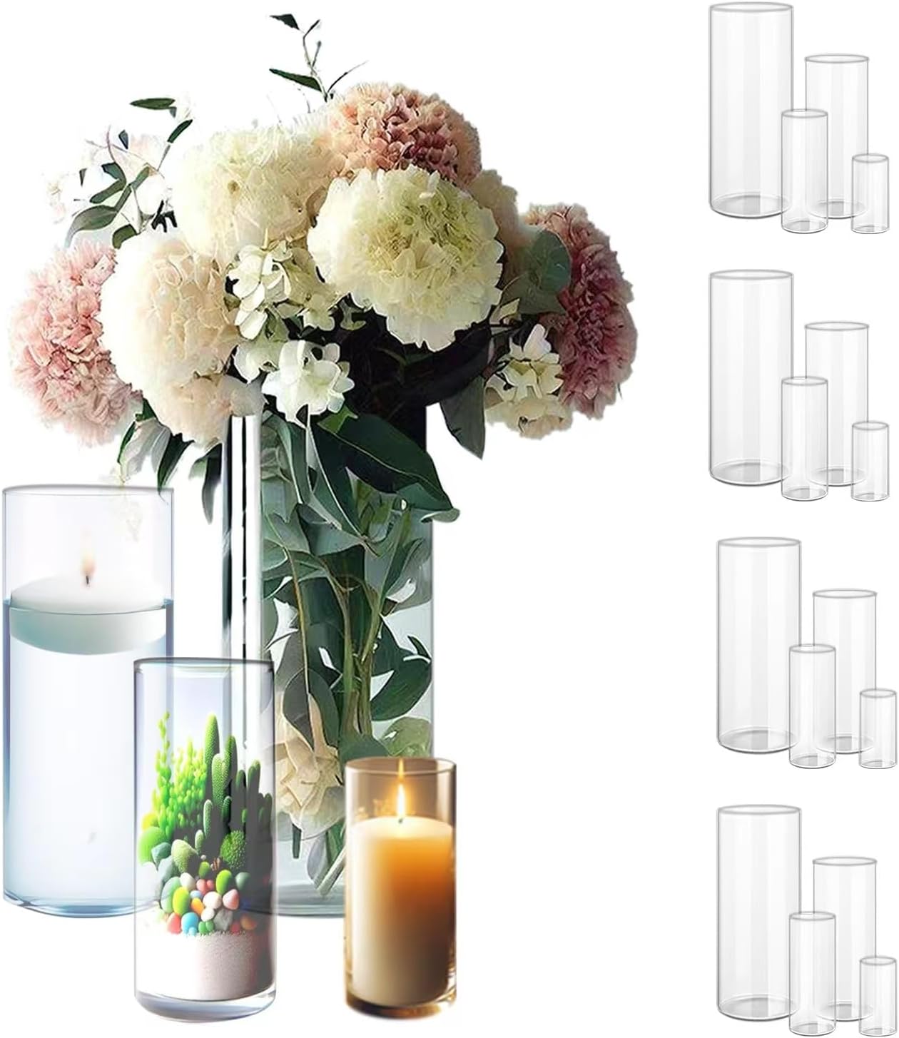 48 Pack Clear Glass Cylinder Vases for Centerpieces - Different Sizes Floating Candle Vases Holder -4", 6", 8",10" Hight Perfect for Weddings and Events