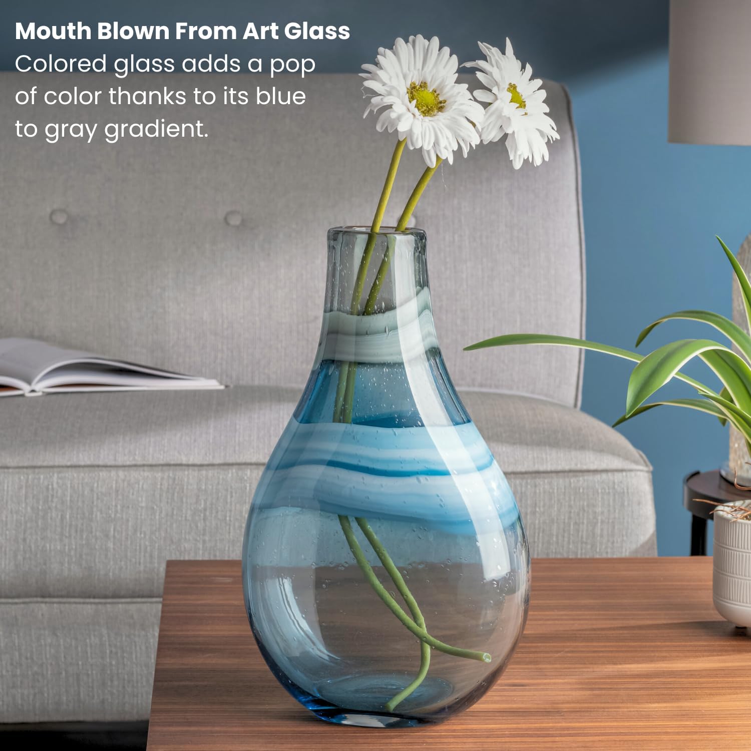 Torre & Tagus Andrea Mouth Blown Glass Vase for Home Decor - 14" Tall Large Blue Glass Vase Table Centerpiece, Handmade Blue Vases for Decor in Coastal Living Room, Entryway, Bedroom