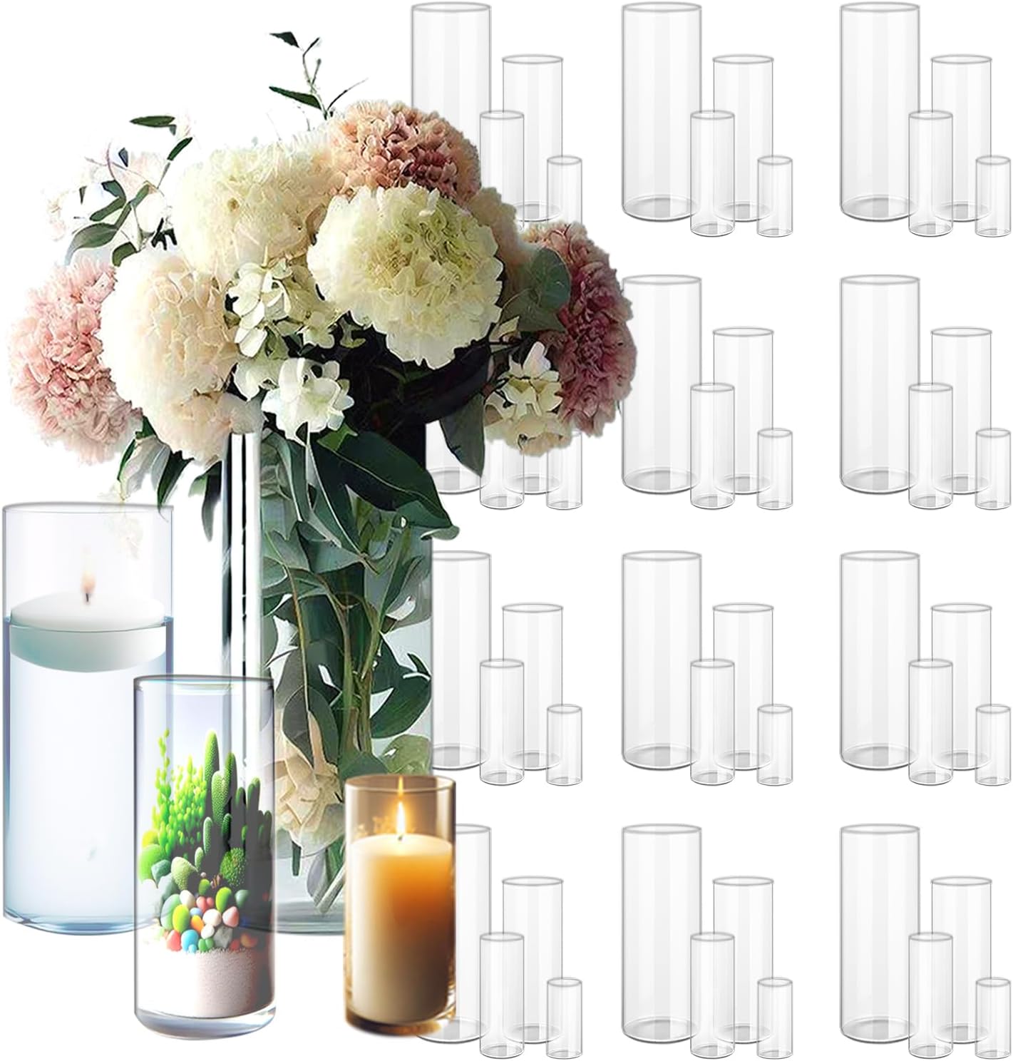 48 Pack Clear Glass Cylinder Vases for Centerpieces - Different Sizes Floating Candle Vases Holder -4", 6", 8",10" Hight Perfect for Weddings and Events