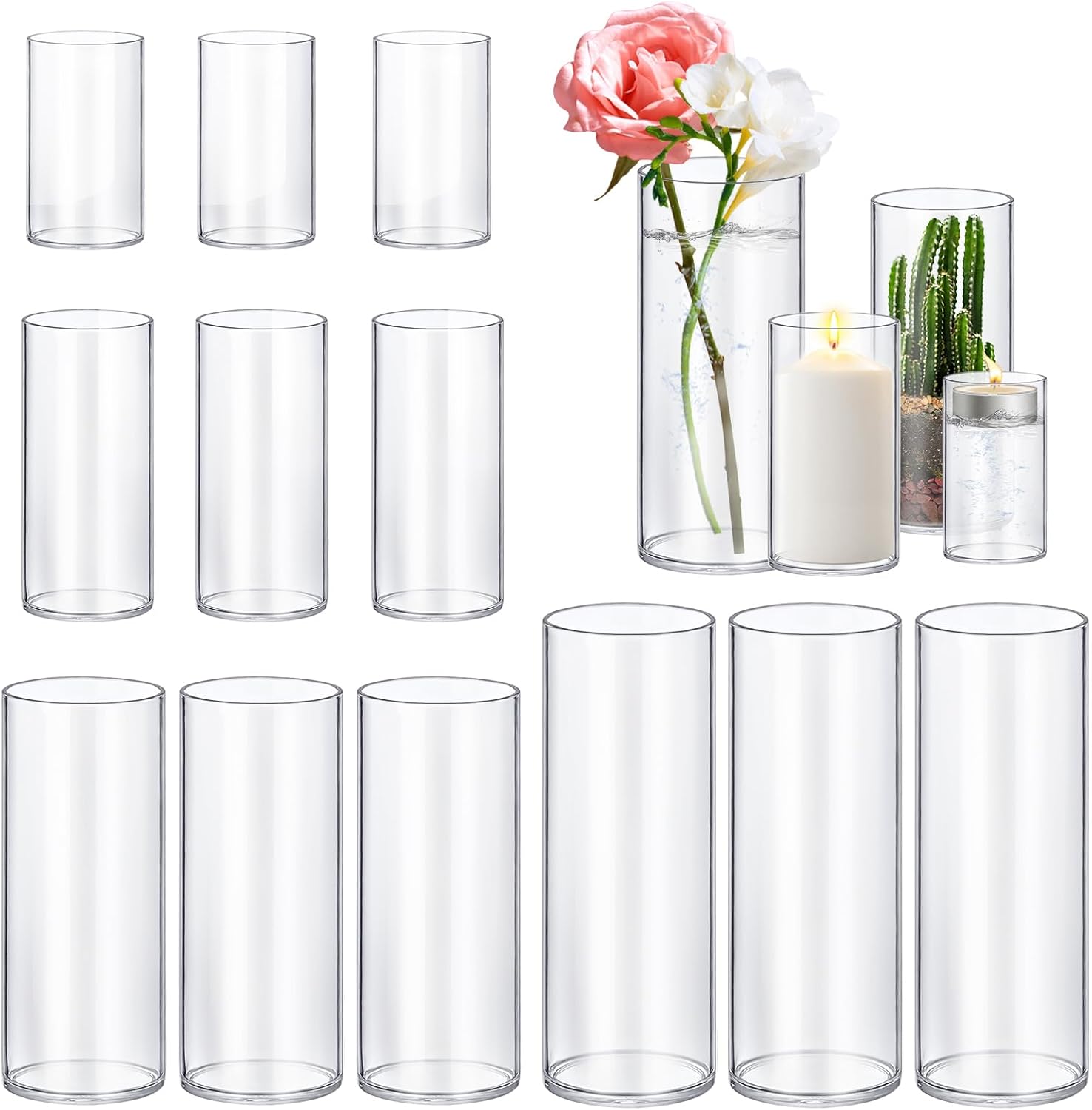 48 Pack Glass Cylinder Vases 4,6,8,10 Inch Tall Clear Flower Vase Hurricane Floating Candle Holder for Table Centerpiece Wedding Home Decor