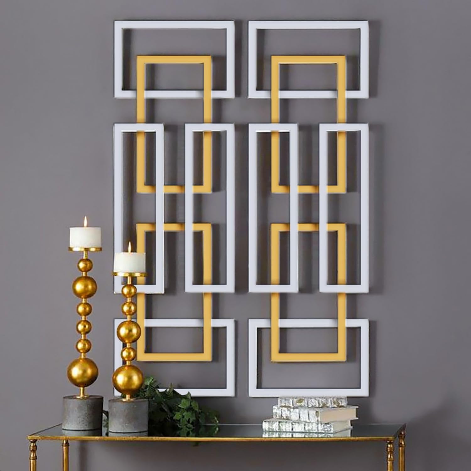 homary Modern Metal Wall Decor Set of 2 – Large Abstract Rectangle 3D Wall Sculpture, Contemporary Gold & Silver Decorative Art for Living Room, Bedroom, Office (Gold & Silver -1)