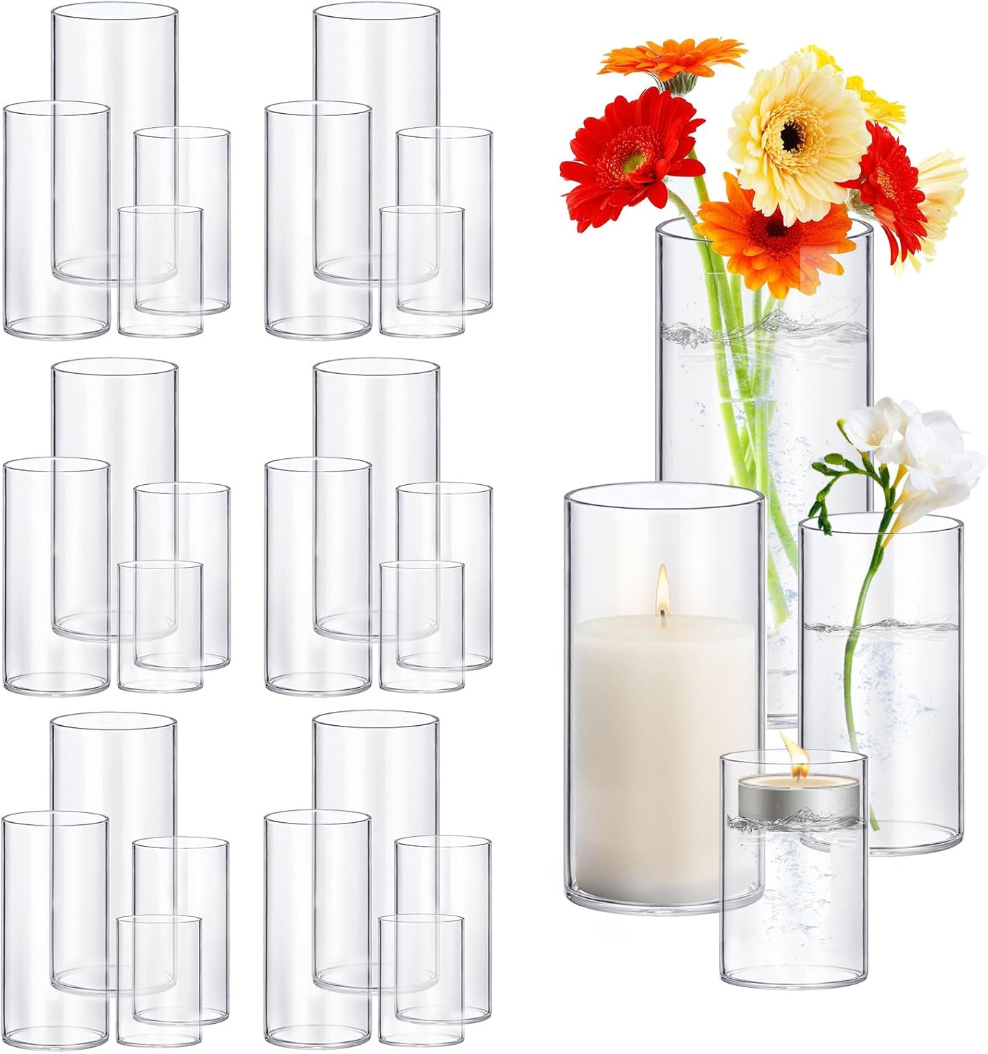 48 Pack Glass Cylinder Vases 4,6,8,10 Inch Tall Clear Flower Vase Hurricane Floating Candle Holder for Table Centerpiece Wedding Home Decor