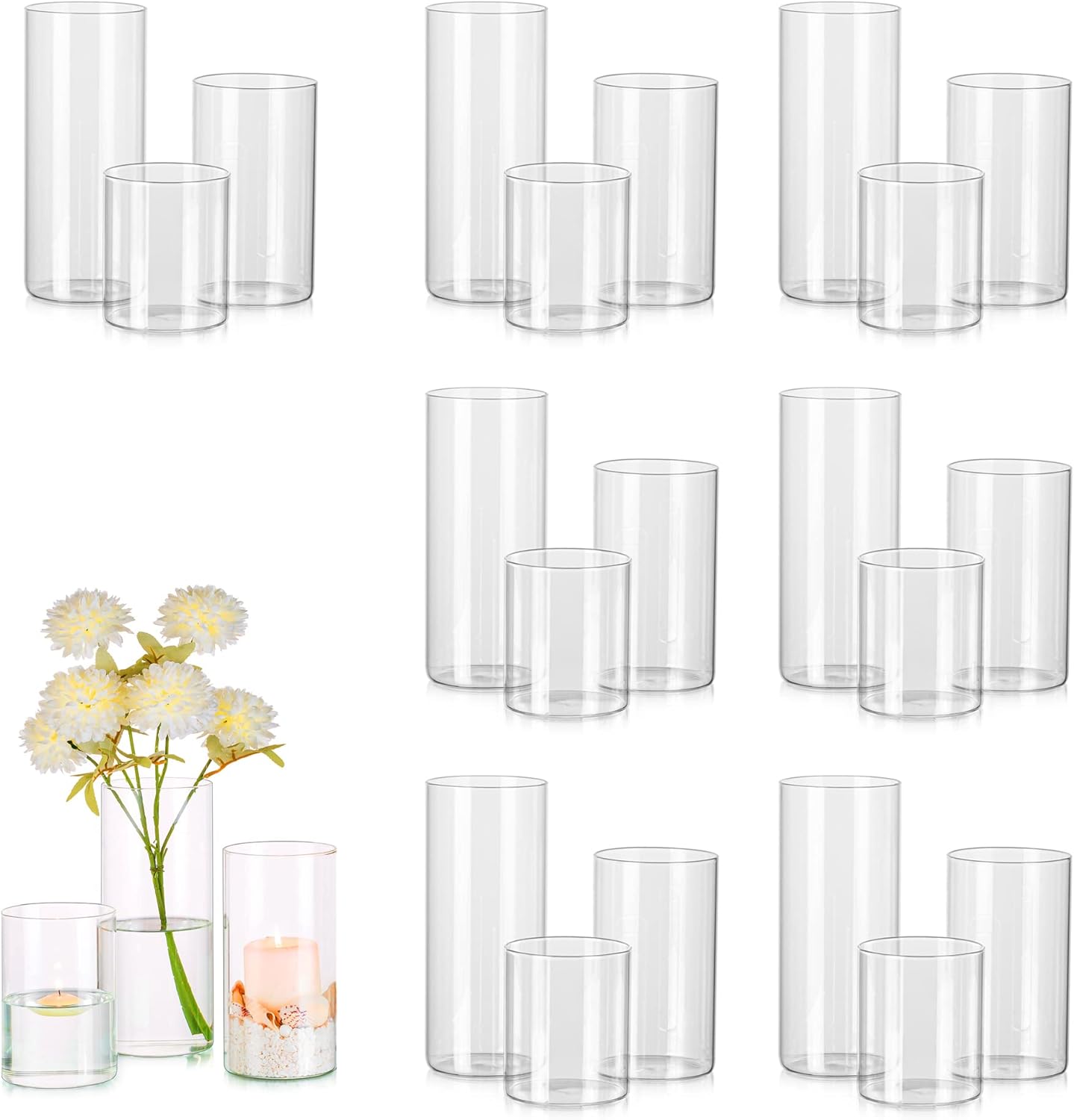 Glass Cylinder Vases Set of 24, Hewory Tall Clear Vase for Centerpieces, Glass Hurricane Candle Holders for Pillar Floating Candles, Round Vases for Wedding Events Table Decor, 2.6” in Diameter
