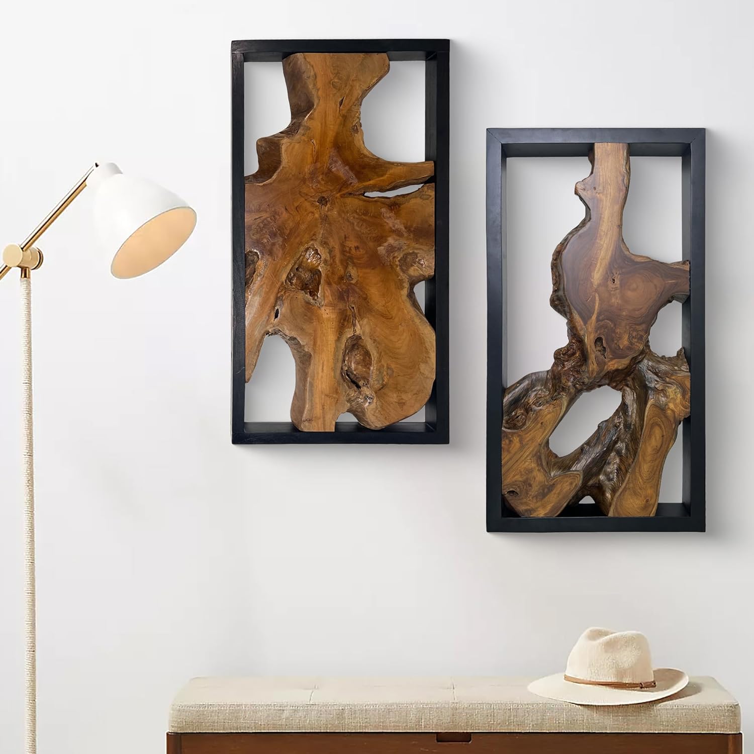 Warmaxx Teak Natural Wood Wall Art Decoration 31.6" x 15.8" Farmhouse Rectangle Vintage Wall Art Décor Christmas Home Living Room Accent Bedroom Office Rustic Handcrafted Wooden Floral Design