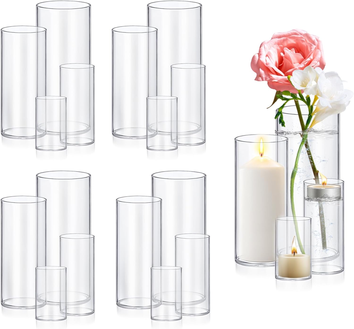 48 Pack Glass Cylinder Vases 4,6,8,10 Inch Tall Clear Flower Vase Hurricane Floating Candle Holder for Table Centerpiece Wedding Home Decor