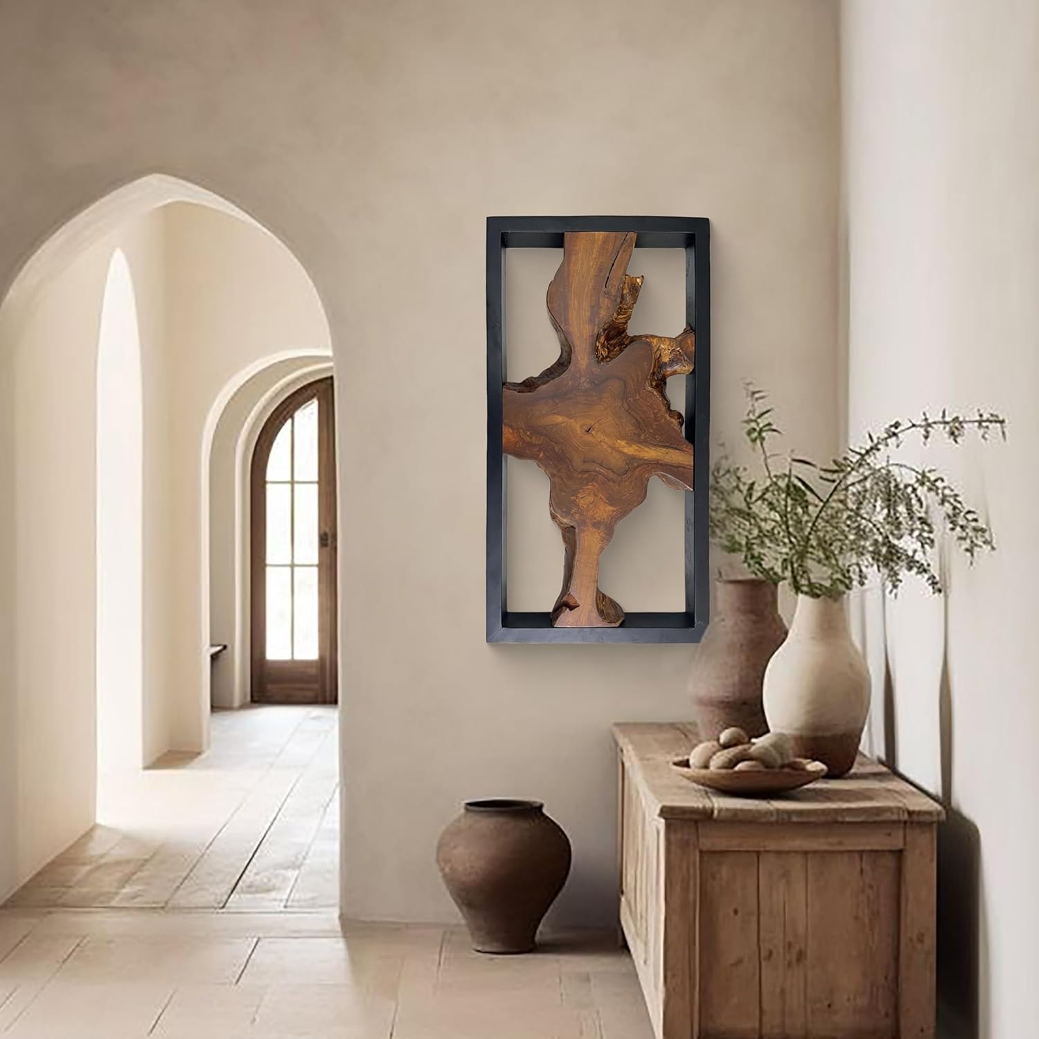 Warmaxx Teak Natural Wood Wall Art Decoration 31.6" x 15.8" Farmhouse Rectangle Vintage Wall Art Décor Christmas Home Living Room Accent Bedroom Office Rustic Handcrafted Wooden Floral Design