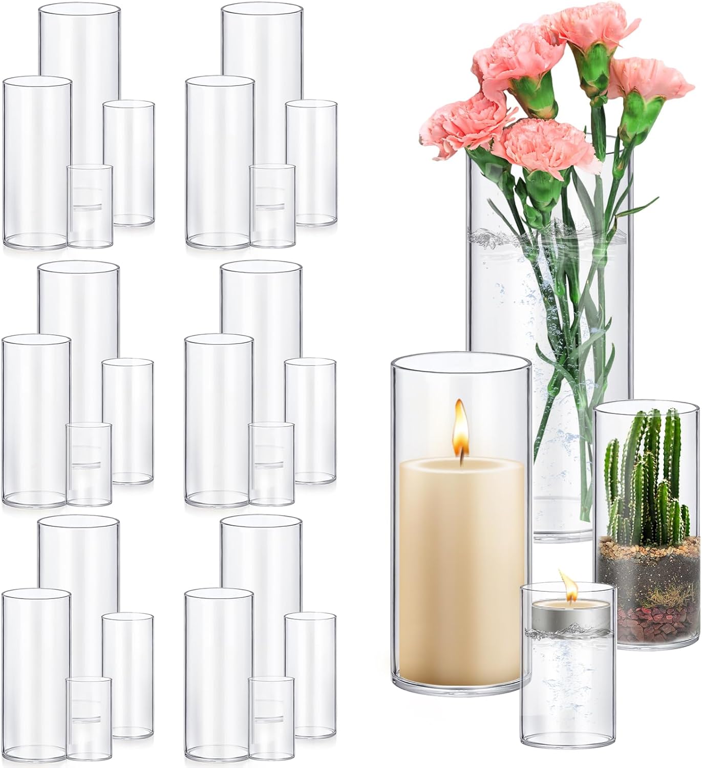 48 Pack Glass Cylinder Vases 4,6,8,10 Inch Tall Clear Flower Vase Hurricane Floating Candle Holder for Table Centerpiece Wedding Home Decor