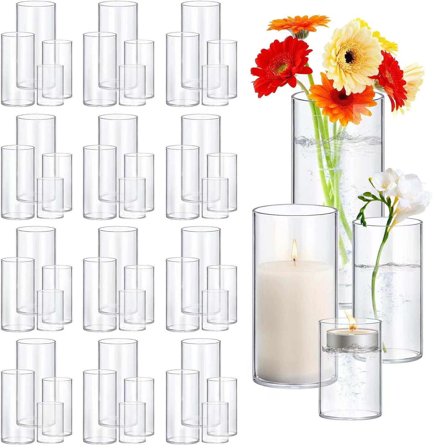 48 Pack Glass Cylinder Vases 4,6,8,10 Inch Tall Clear Flower Vase Hurricane Floating Candle Holder for Table Centerpiece Wedding Home Decor