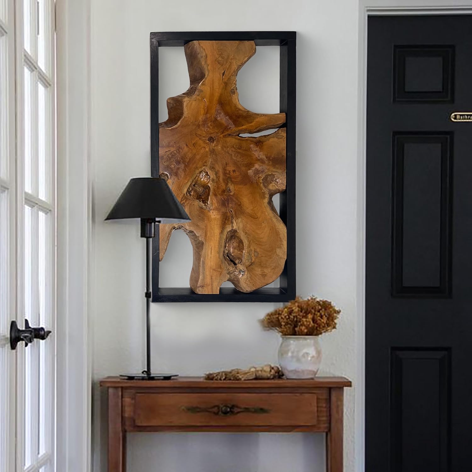 Warmaxx Teak Natural Wood Wall Art Decoration 31.6" x 15.8" Farmhouse Rectangle Vintage Wall Art Décor Christmas Home Living Room Accent Bedroom Office Rustic Handcrafted Wooden Floral Design