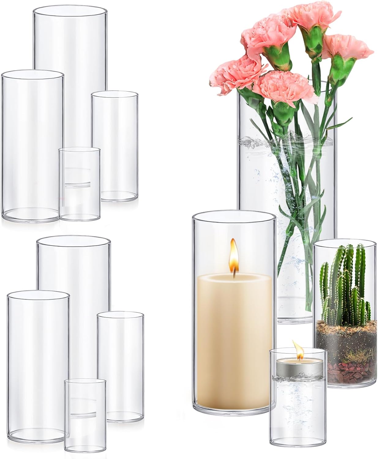 48 Pack Glass Cylinder Vases 4,6,8,10 Inch Tall Clear Flower Vase Hurricane Floating Candle Holder for Table Centerpiece Wedding Home Decor