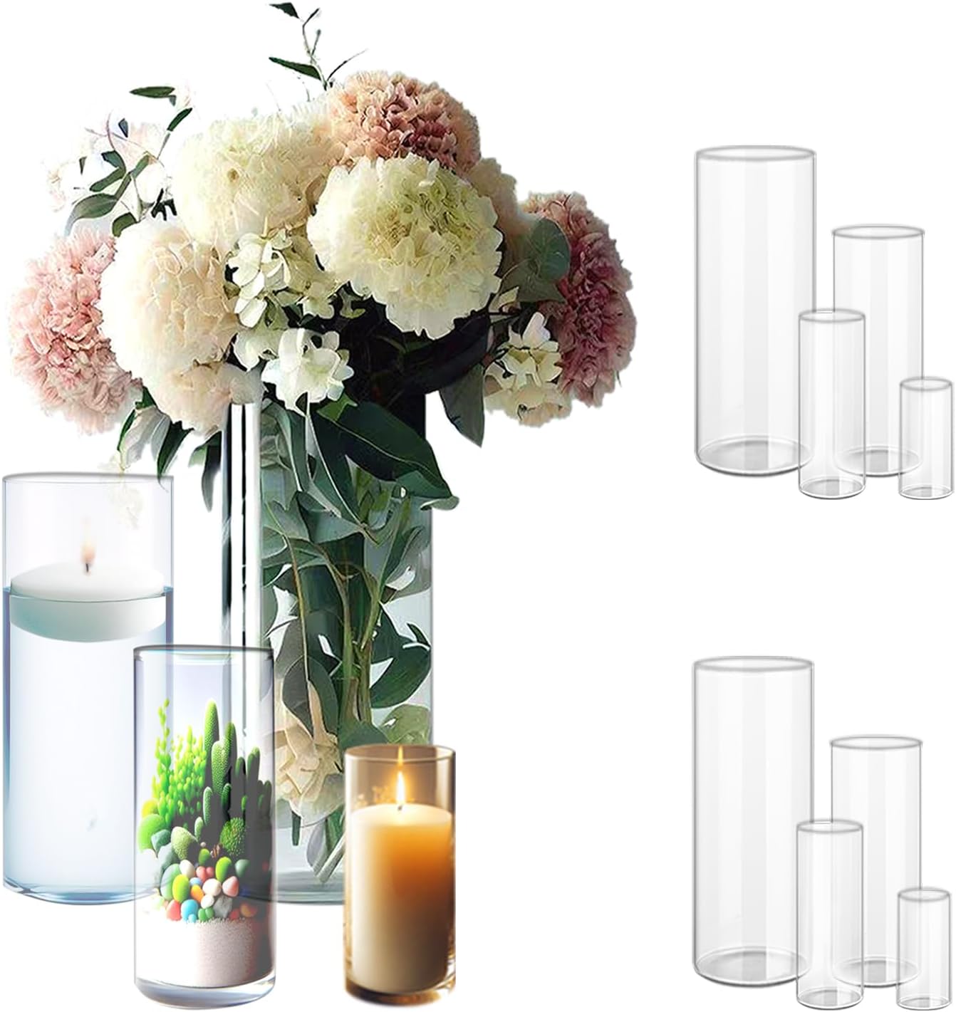 48 Pack Clear Glass Cylinder Vases for Centerpieces - Different Sizes Floating Candle Vases Holder -4", 6", 8",10" Hight Perfect for Weddings and Events