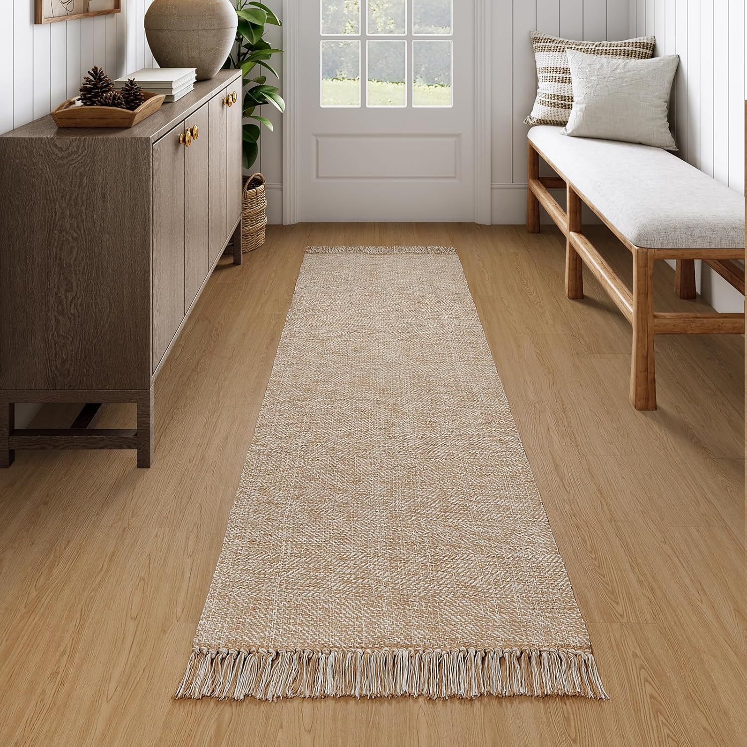 Collive Comfy Area Rug 4' x 6', Tan/Cream Woven Cotton Bedroom Rugs, Modern Indoor Accent Rug Floor Carpet with Tassel for Living Room, Nursery Room, Dining Room, Bedside, Office, Patio Decor