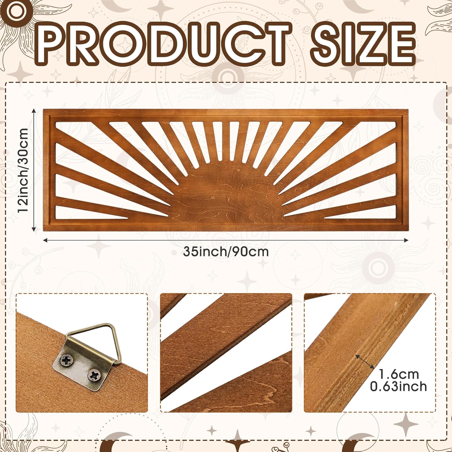 Burbell Sun Wall Art Decor 35'' x 12'' Large Boho Sun Wall Decor Wooden Horizontal Vintage Bohemian Hanging Rectangle Panoramic Above Bed Decoration for Bedroom Home(Dark Brown)