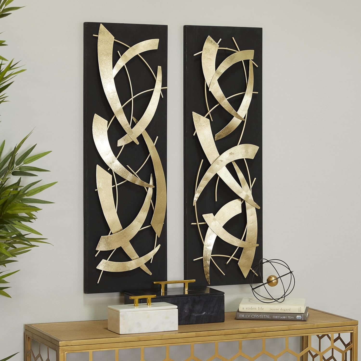 Deco 79 Metal Abstract Home Wall Decor Dimensional Wall Sculpture with Black Wood Backing, Set of 2 Wall Art 12"W, 36"H, Gold