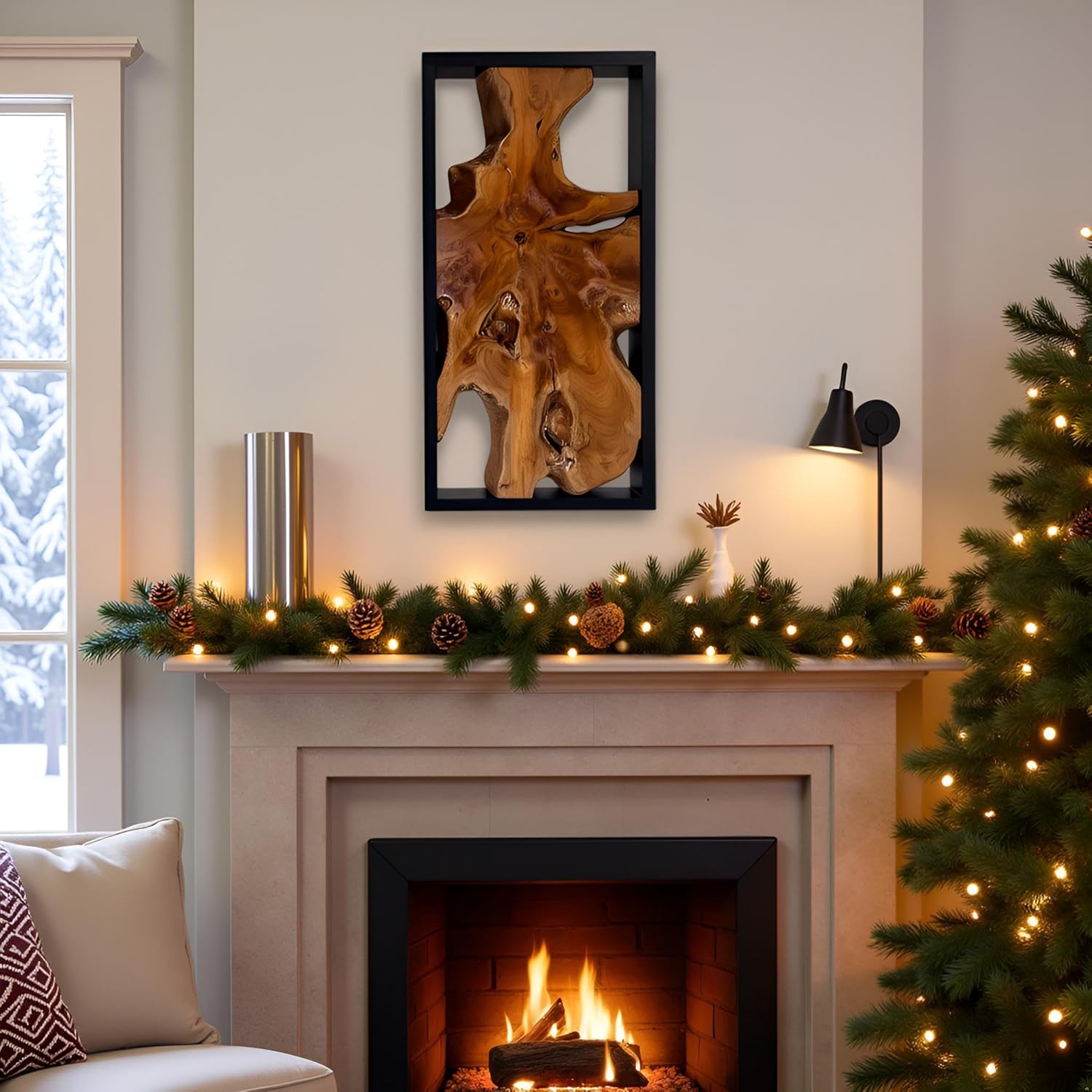 Warmaxx Teak Natural Wood Wall Art Decoration 31.6" x 15.8" Farmhouse Rectangle Vintage Wall Art Décor Christmas Home Living Room Accent Bedroom Office Rustic Handcrafted Wooden Floral Design