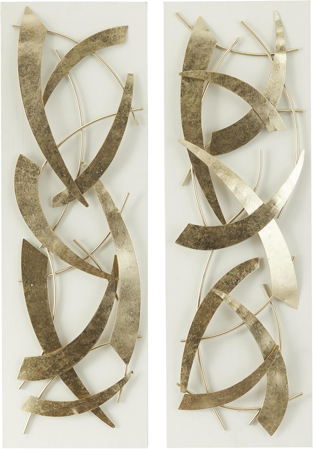Deco 79 Metal Abstract Home Wall Decor Dimensional Wall Sculpture with White Wood Backing, Set of 2 Wall Art 12"W, 37"H, Gold