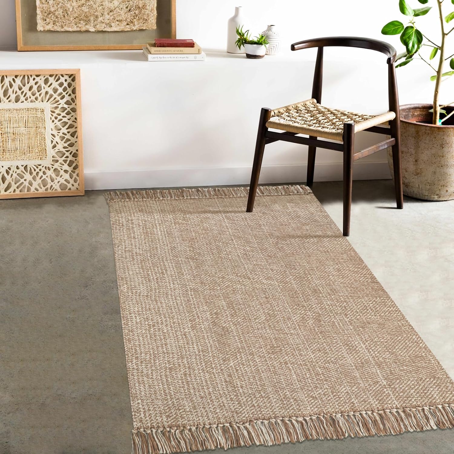 Collive Comfy Area Rug 4' x 6', Tan/Cream Woven Cotton Bedroom Rugs, Modern Indoor Accent Rug Floor Carpet with Tassel for Living Room, Nursery Room, Dining Room, Bedside, Office, Patio Decor