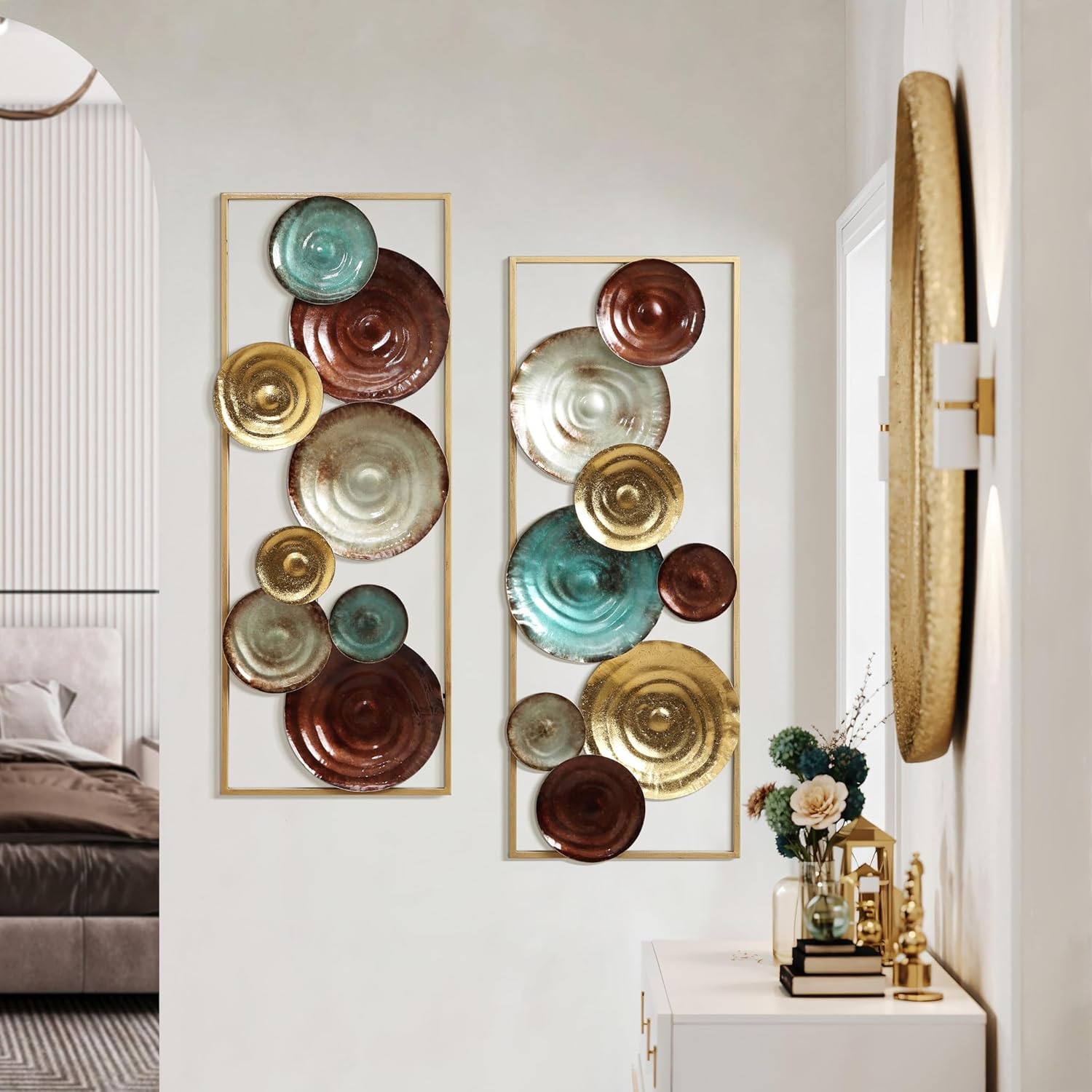 LuxenHome Metal Wall Art, Set of 2 Modern Multi-Color Abstract Metal Wall Decor Panels with Frame, 36" Hanging Sculpture Decor for Living Room, Art Artwork Gold Accent for Bedroom Dining Room Office