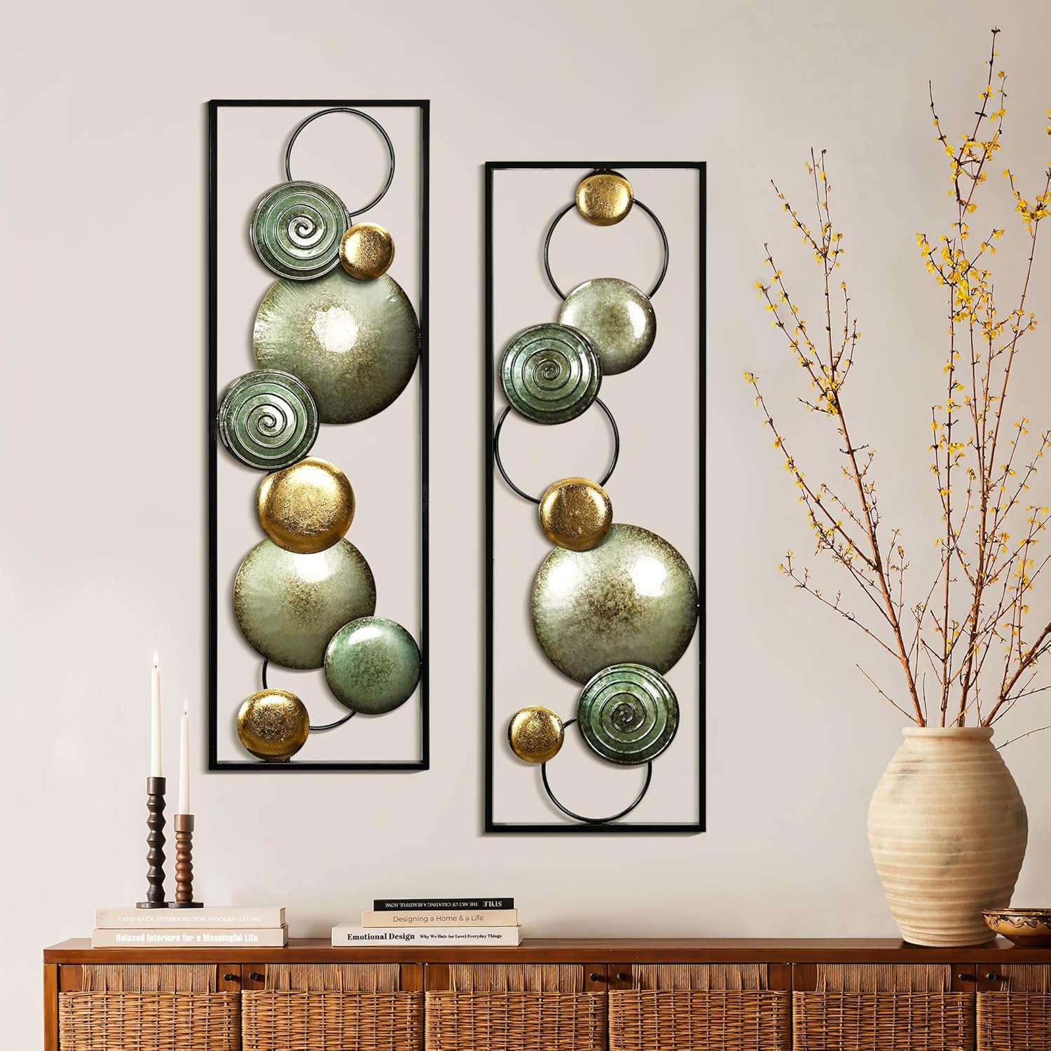 LuxenHome Metal Wall Art, Set of 2 Modern Multi-Color Abstract Metal Wall Decor Panels with Frame, 36" Hanging Sculpture Decor for Living Room, Art Artwork Gold Accent for Bedroom Dining Room Office