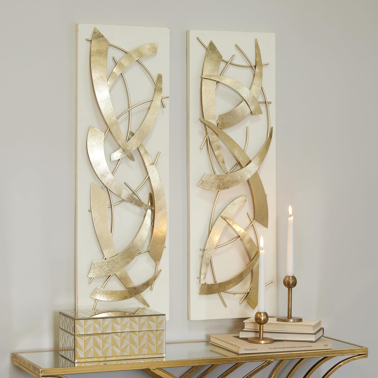 Deco 79 Metal Abstract Home Wall Decor Dimensional Wall Sculpture with White Wood Backing, Set of 2 Wall Art 12"W, 37"H, Gold