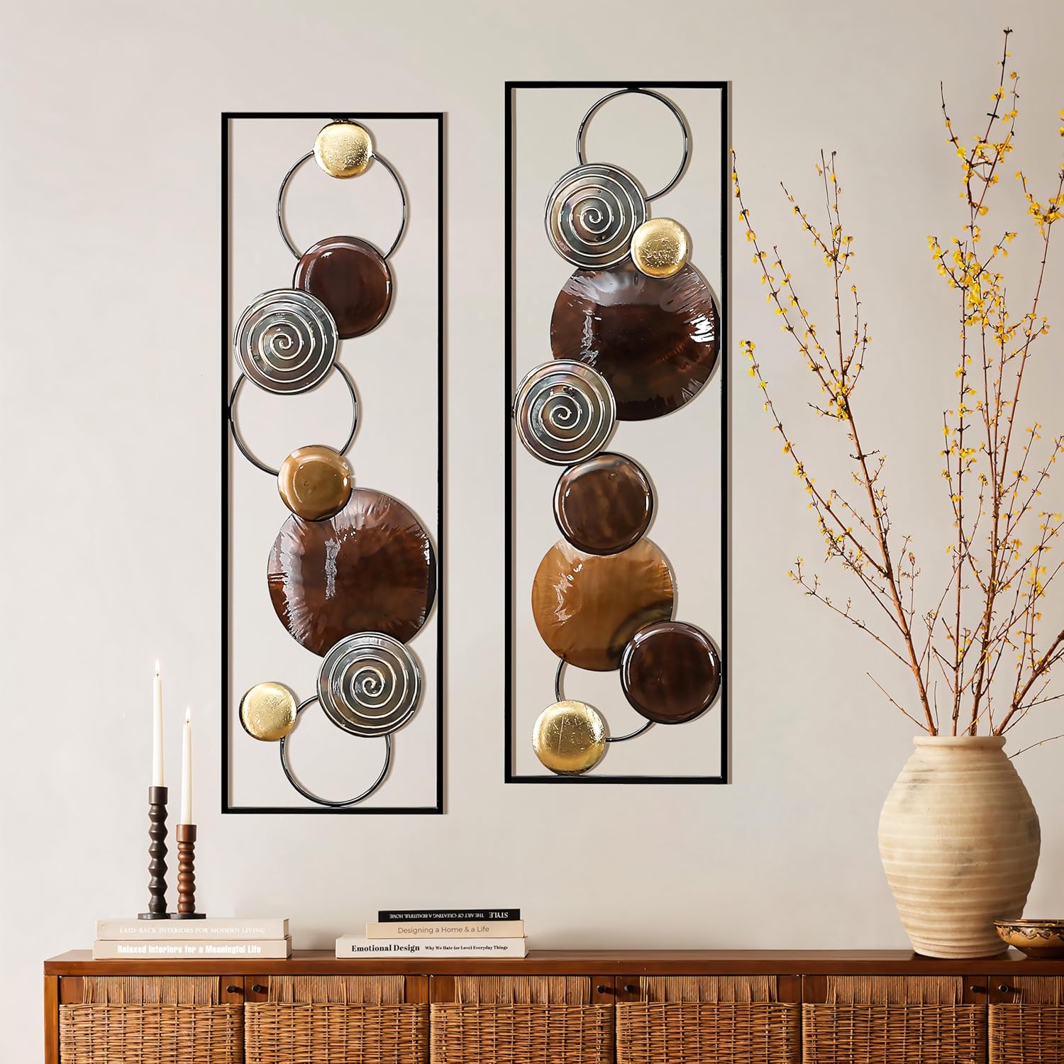LuxenHome Metal Wall Art, Set of 2 Modern Multi-Color Abstract Metal Wall Decor Panels with Frame, 36" Hanging Sculpture Decor for Living Room, Art Artwork Gold Accent for Bedroom Dining Room Office