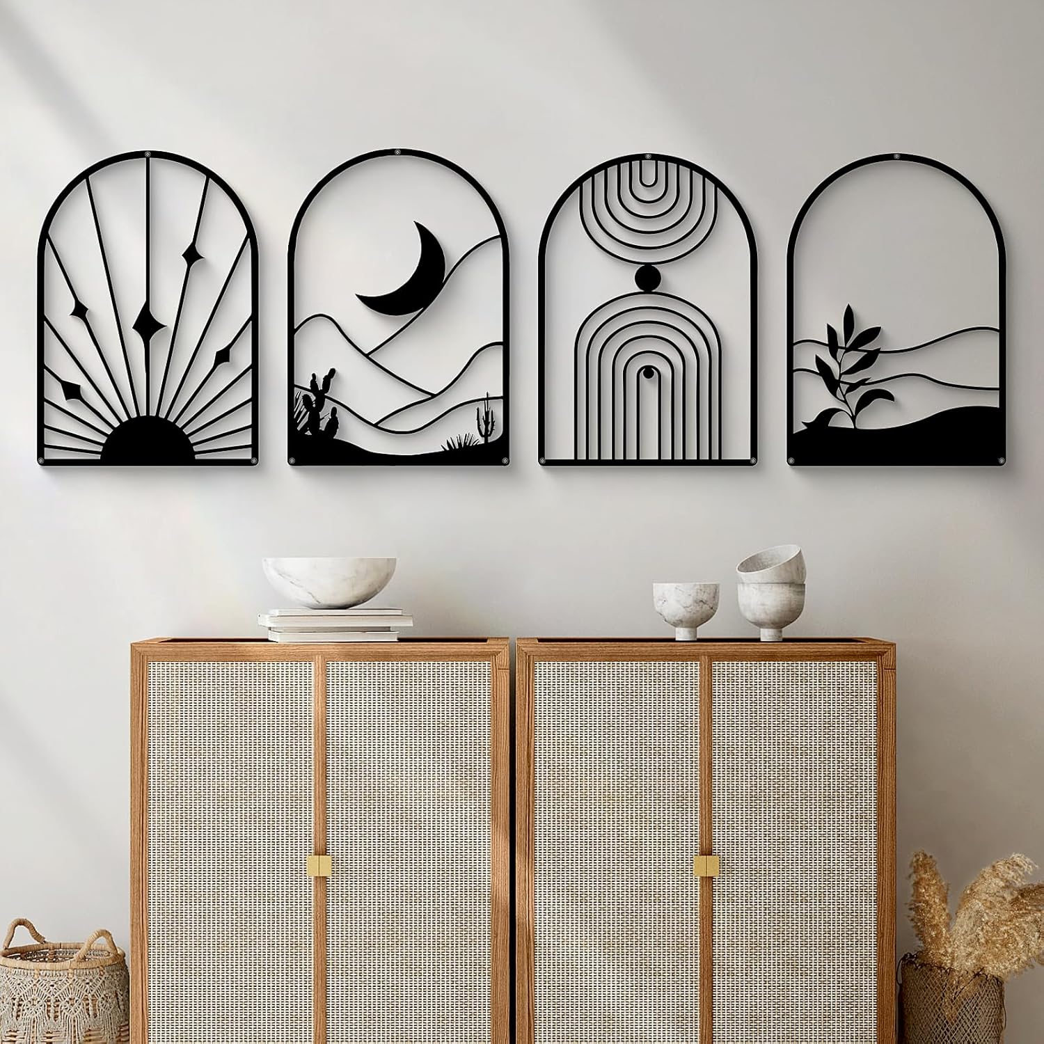 Glamativity 4 Pack Black Abstract Metal Wall Art, Minimalist Décor Single Line Art Wall Décor, 3D Textured Metal Wall Sculptures, for Living Room Bedroom Bathroom Study Room (Black Abstract, M Size 16 x 11'')