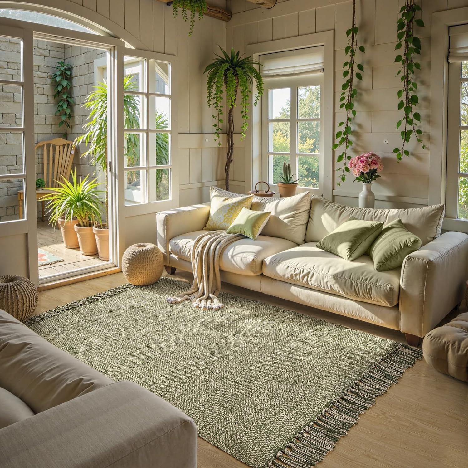 Collive Comfy Area Rug 4' x 6', Tan/Cream Woven Cotton Bedroom Rugs, Modern Indoor Accent Rug Floor Carpet with Tassel for Living Room, Nursery Room, Dining Room, Bedside, Office, Patio Decor