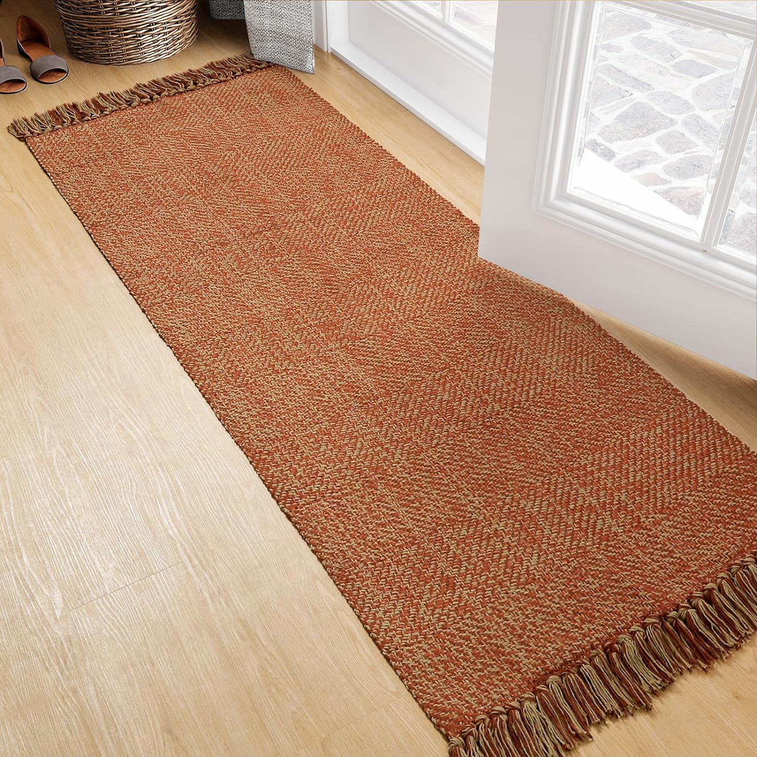 Collive Comfy Area Rug 4' x 6', Tan/Cream Woven Cotton Bedroom Rugs, Modern Indoor Accent Rug Floor Carpet with Tassel for Living Room, Nursery Room, Dining Room, Bedside, Office, Patio Decor
