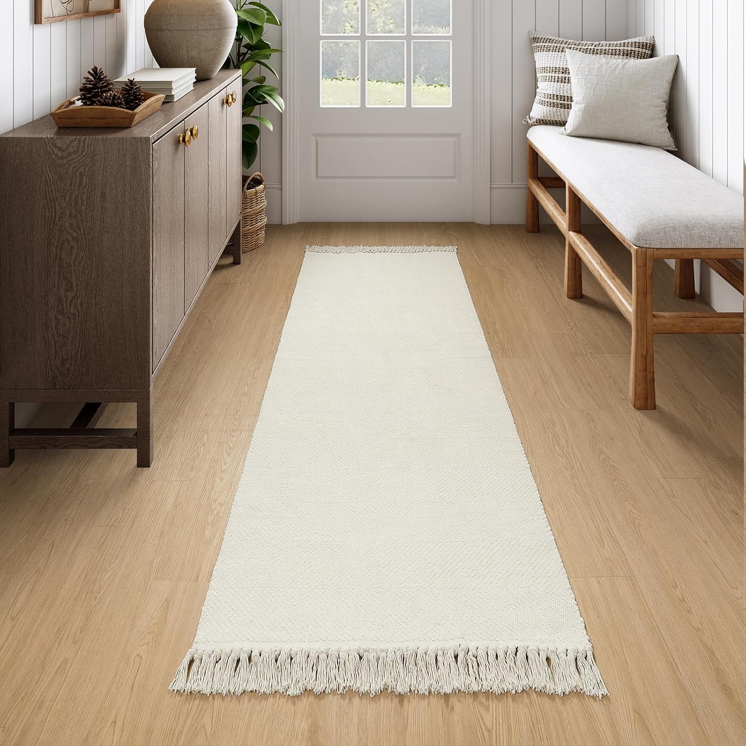 Collive Comfy Area Rug 4' x 6', Tan/Cream Woven Cotton Bedroom Rugs, Modern Indoor Accent Rug Floor Carpet with Tassel for Living Room, Nursery Room, Dining Room, Bedside, Office, Patio Decor