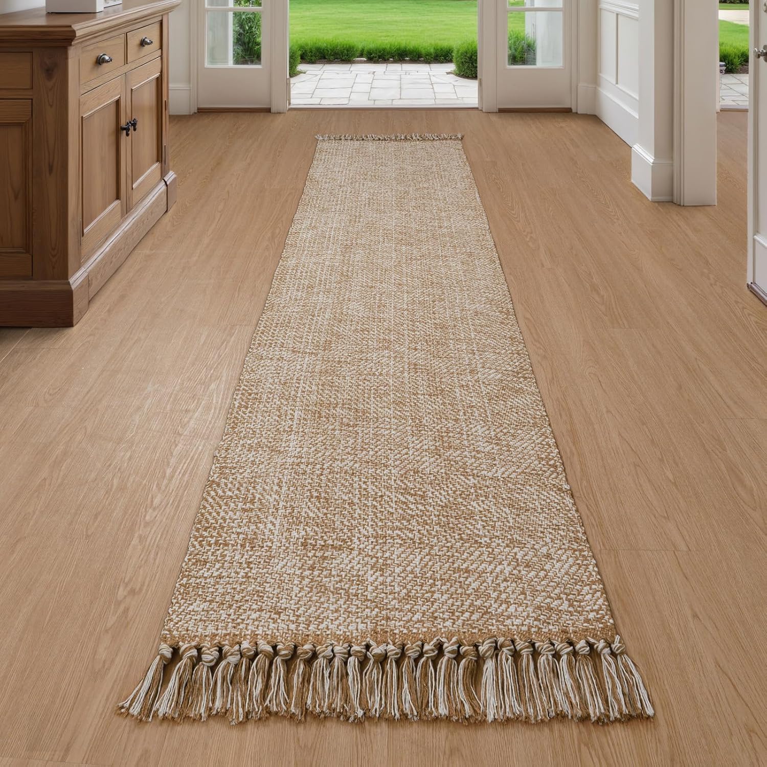 Collive Comfy Area Rug 4' x 6', Tan/Cream Woven Cotton Bedroom Rugs, Modern Indoor Accent Rug Floor Carpet with Tassel for Living Room, Nursery Room, Dining Room, Bedside, Office, Patio Decor