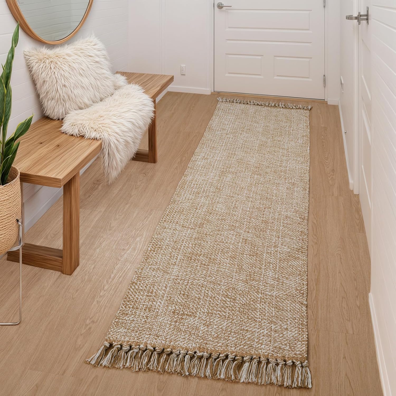 Collive Comfy Area Rug 4' x 6', Tan/Cream Woven Cotton Bedroom Rugs, Modern Indoor Accent Rug Floor Carpet with Tassel for Living Room, Nursery Room, Dining Room, Bedside, Office, Patio Decor