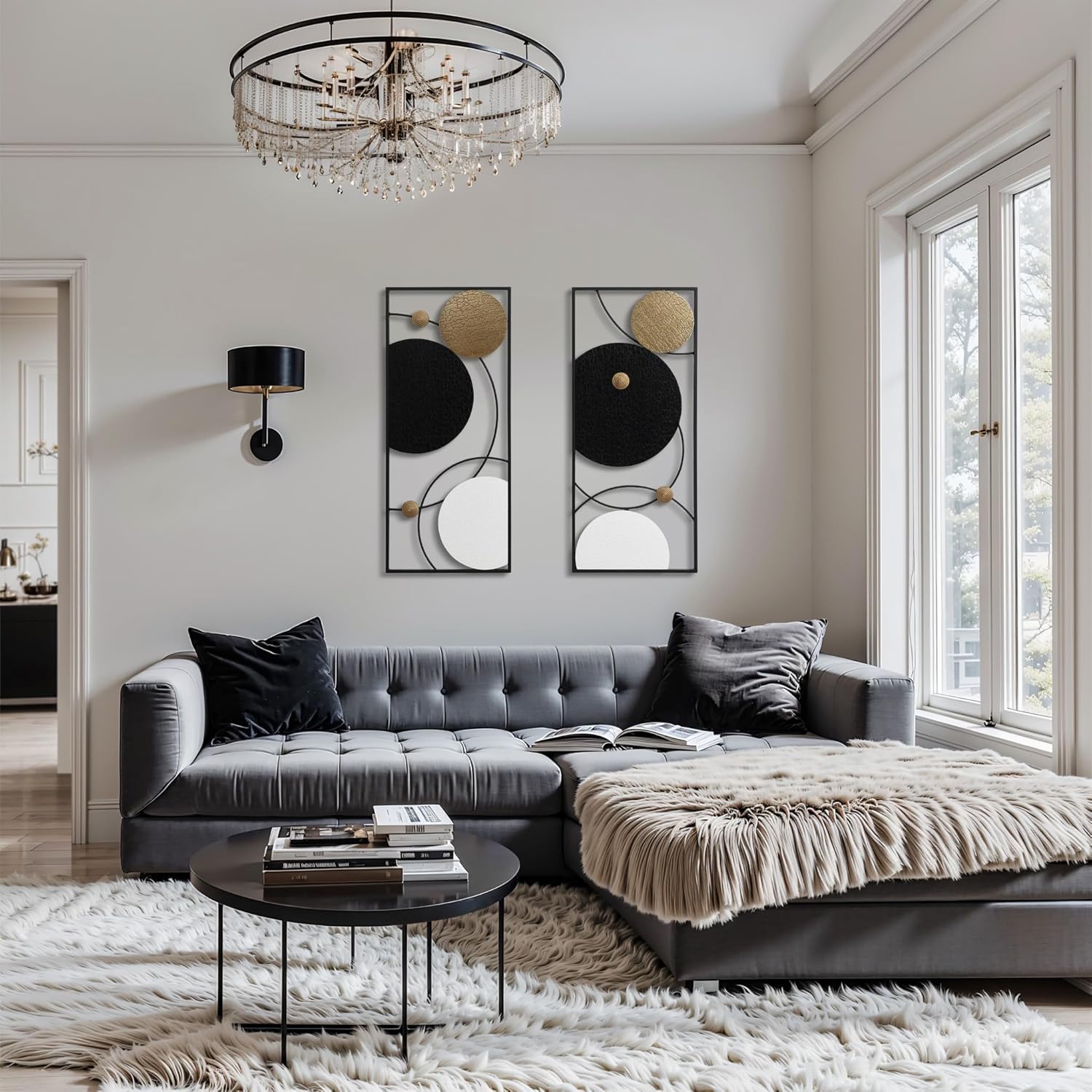 LuxenHome Metal Wall Art, Set of 2 Modern Multi-Color Abstract Metal Wall Decor Panels with Frame, 36" Hanging Sculpture Decor for Living Room, Art Artwork Gold Accent for Bedroom Dining Room Office