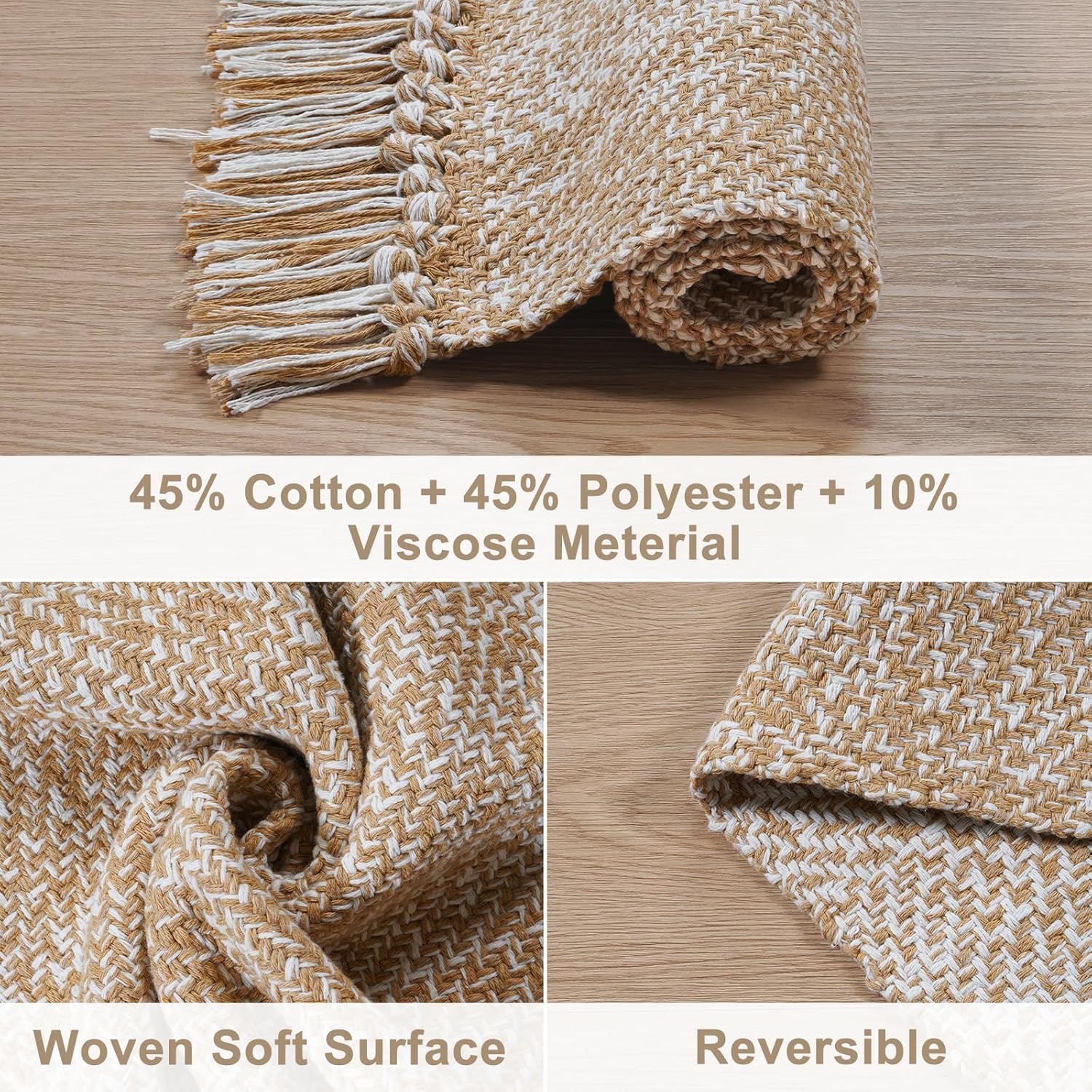 Collive Comfy Area Rug 4' x 6', Tan/Cream Woven Cotton Bedroom Rugs, Modern Indoor Accent Rug Floor Carpet with Tassel for Living Room, Nursery Room, Dining Room, Bedside, Office, Patio Decor