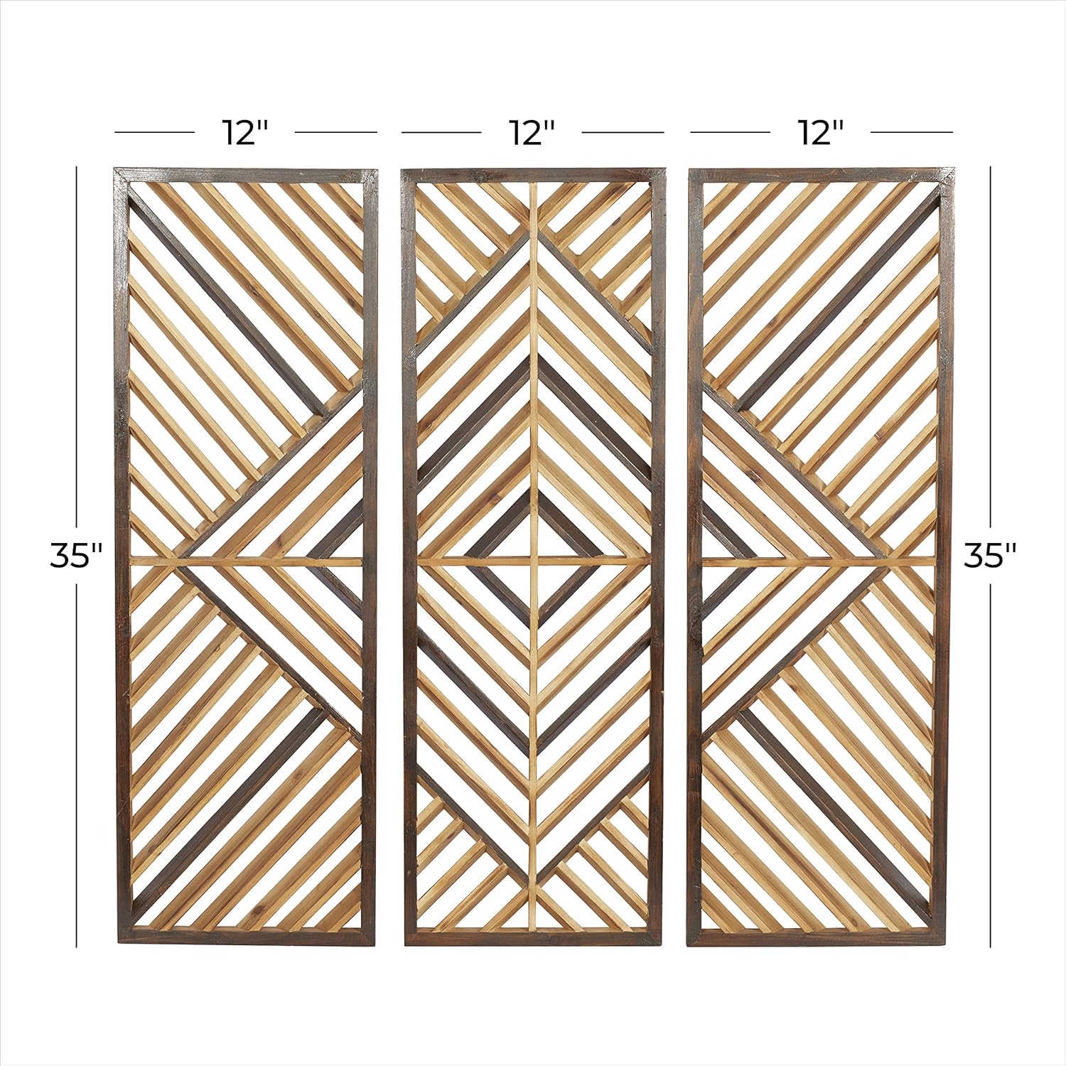 Deco 79 Wood Geometric Home Wall Decor Slatted Wood Design Wall Sculpture, Set of 3 Wall Art 12"W, 35"H, Brown
