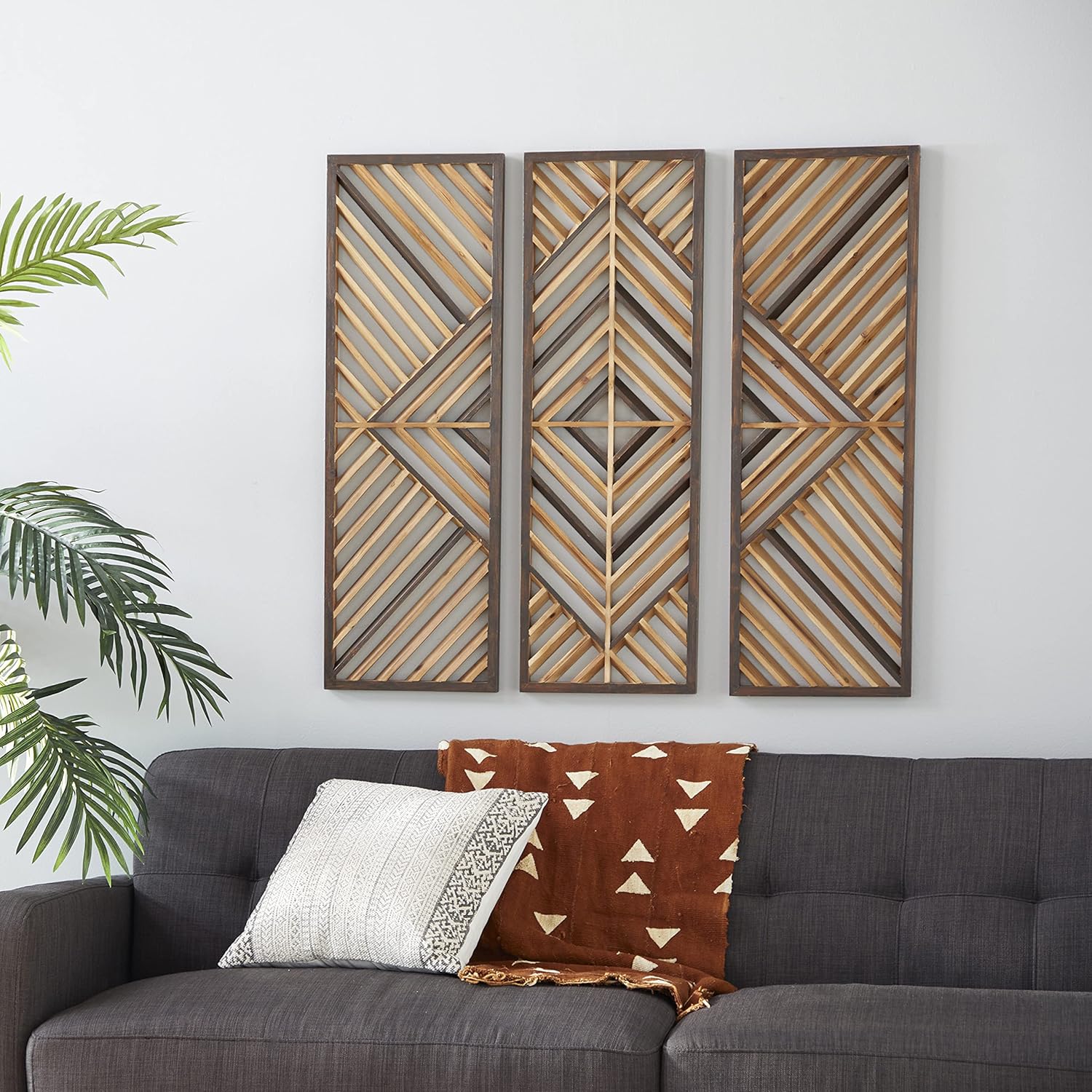Deco 79 Wood Geometric Home Wall Decor Slatted Wood Design Wall Sculpture, Set of 3 Wall Art 12"W, 35"H, Brown