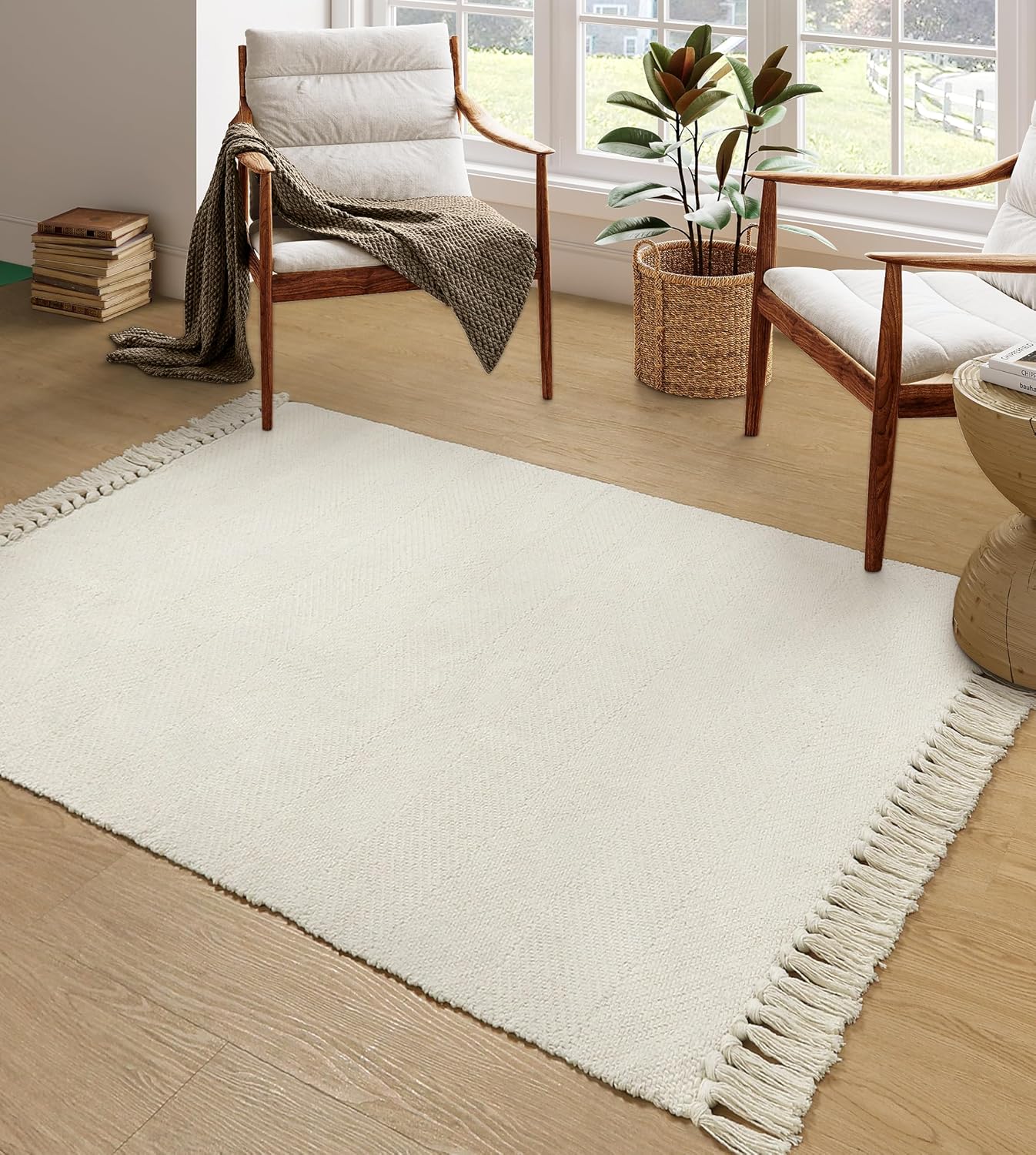 Collive Comfy Area Rug 4' x 6', Tan/Cream Woven Cotton Bedroom Rugs, Modern Indoor Accent Rug Floor Carpet with Tassel for Living Room, Nursery Room, Dining Room, Bedside, Office, Patio Decor