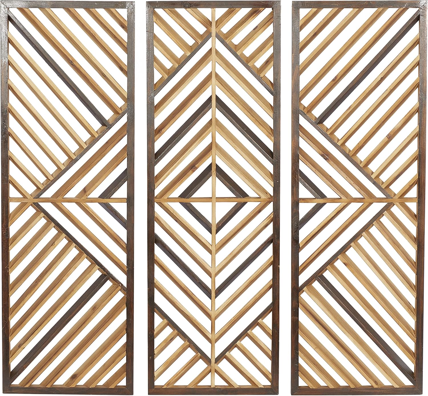 Deco 79 Wood Geometric Home Wall Decor Slatted Wood Design Wall Sculpture, Set of 3 Wall Art 12"W, 35"H, Brown