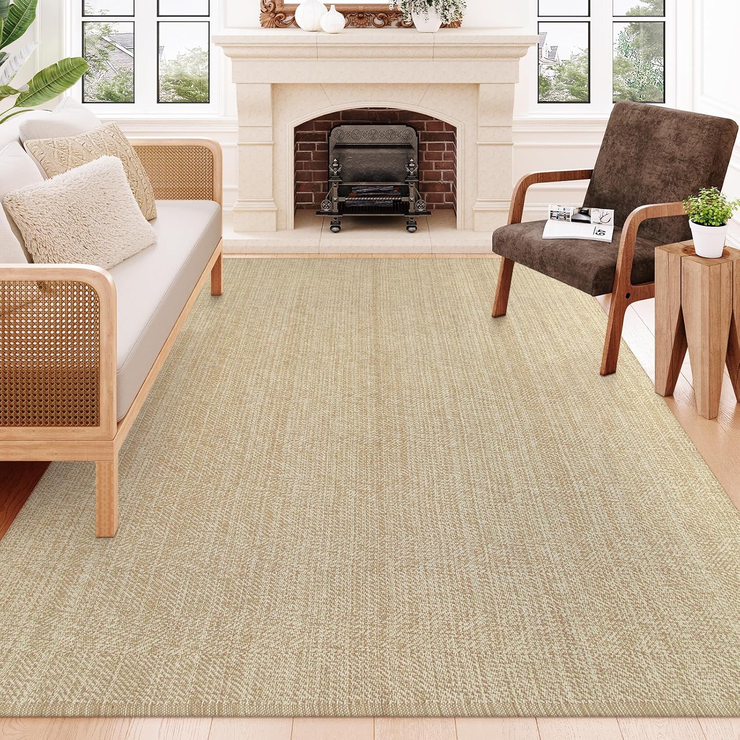 Collive Comfy Area Rug 4' x 6', Tan/Cream Woven Cotton Bedroom Rugs, Modern Indoor Accent Rug Floor Carpet with Tassel for Living Room, Nursery Room, Dining Room, Bedside, Office, Patio Decor