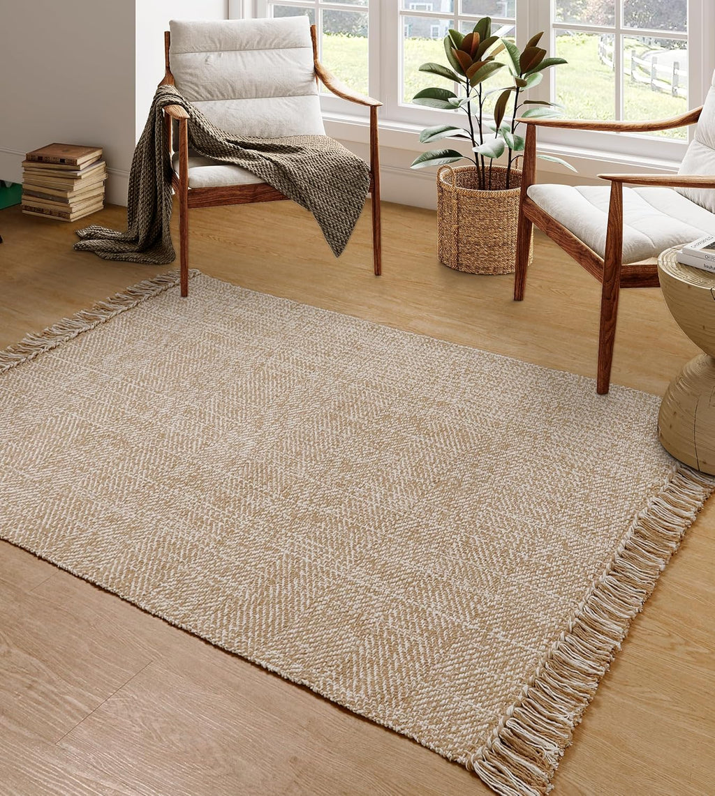 Collive Comfy Area Rug 4' x 6', Tan/Cream Woven Cotton Bedroom Rugs, Modern Indoor Accent Rug Floor Carpet with Tassel for Living Room, Nursery Room, Dining Room, Bedside, Office, Patio Decor