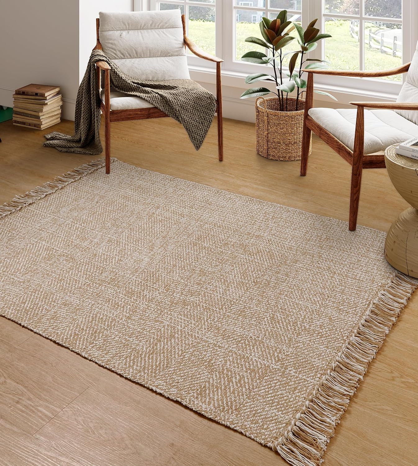 Collive Comfy Area Rug 4' x 6', Tan/Cream Woven Cotton Bedroom Rugs, Modern Indoor Accent Rug Floor Carpet with Tassel for Living Room, Nursery Room, Dining Room, Bedside, Office, Patio Decor