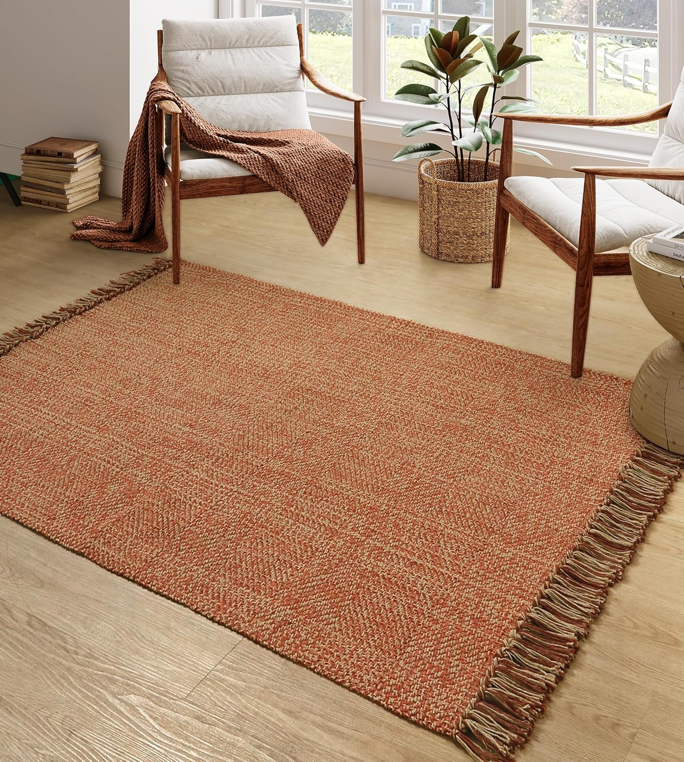 Collive Comfy Area Rug 4' x 6', Tan/Cream Woven Cotton Bedroom Rugs, Modern Indoor Accent Rug Floor Carpet with Tassel for Living Room, Nursery Room, Dining Room, Bedside, Office, Patio Decor