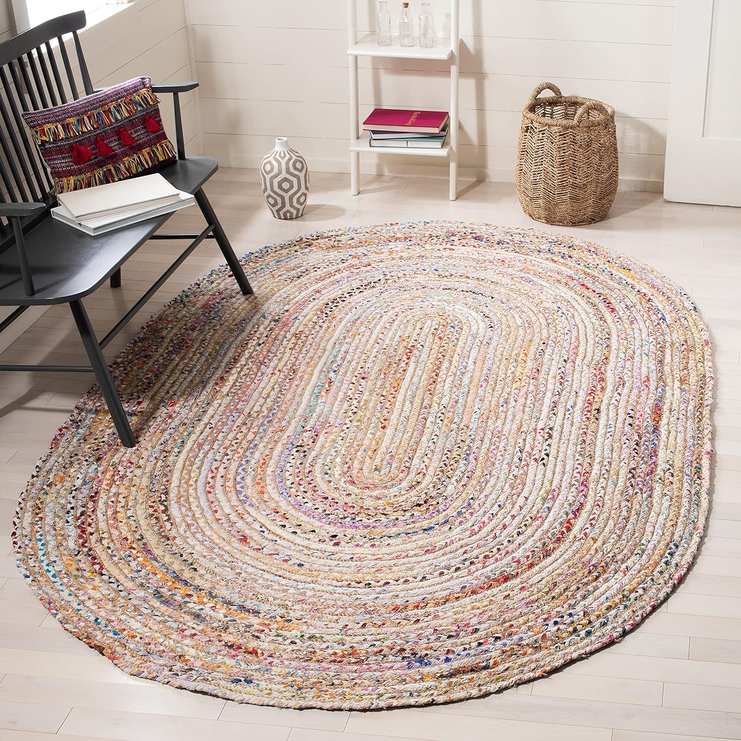 SAFAVIEH Area Rug 5x8 - Cape Cod Collection - Beige & Multi, Handmade Jute & Cotton, Woven Braided Design (CAP202B)